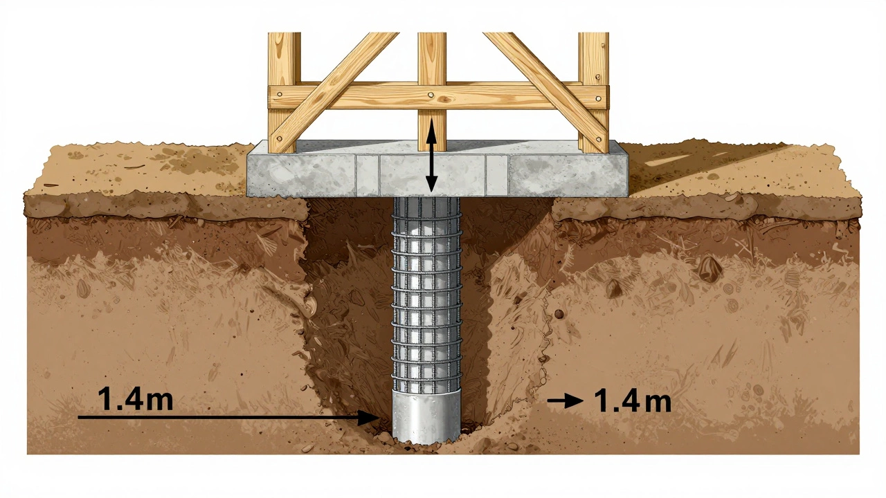 Технический разрез столбчатого фундамента с арматурой, бетоном и ростверком, установленного ниже уровня промерзания в суглинке.