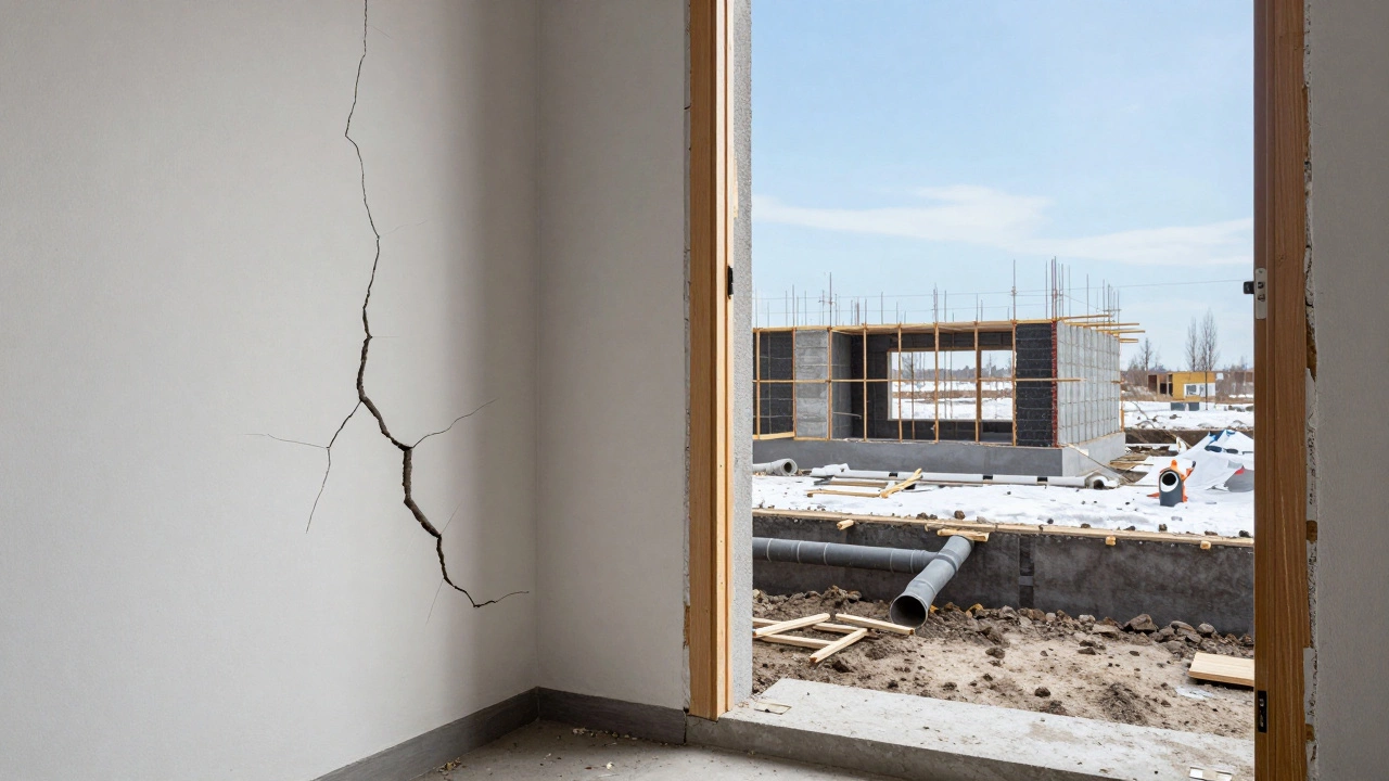 Трещины в стене дома из-за неправильно залитого фундамента на фоне правильно построенного.