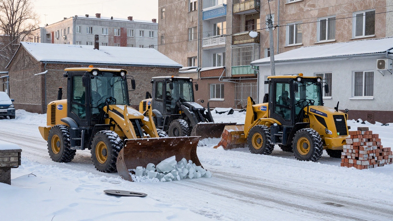Три мини-погрузчика убирают снег во дворах Казани зимой, рядом — виброплита на уплотнённой дорожке.