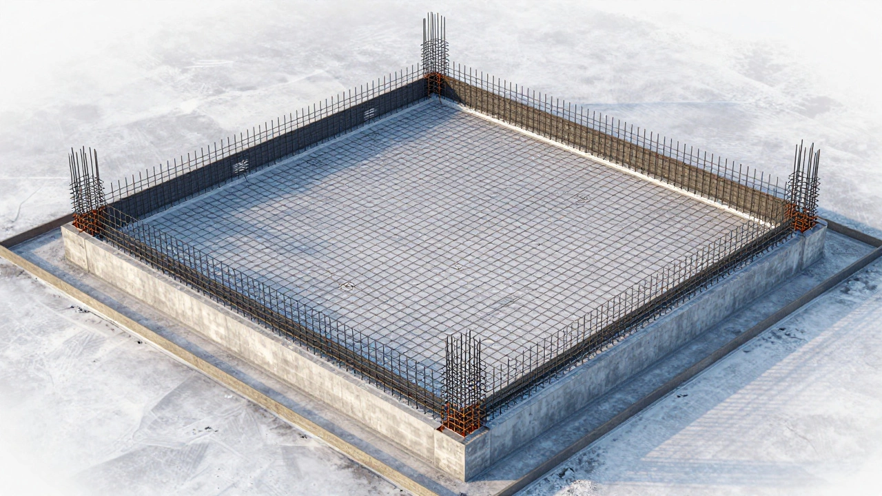 Вид сверху на готовый армированный фундамент с правильными нахлестами и изоляцией по периметру.