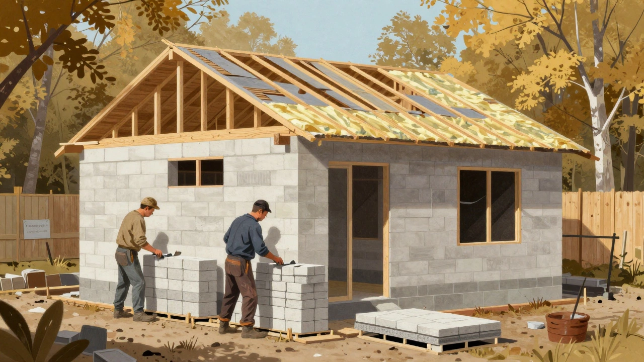 Возведение стен из газобетона и монтаж перекрытий на стройке в Татарстане