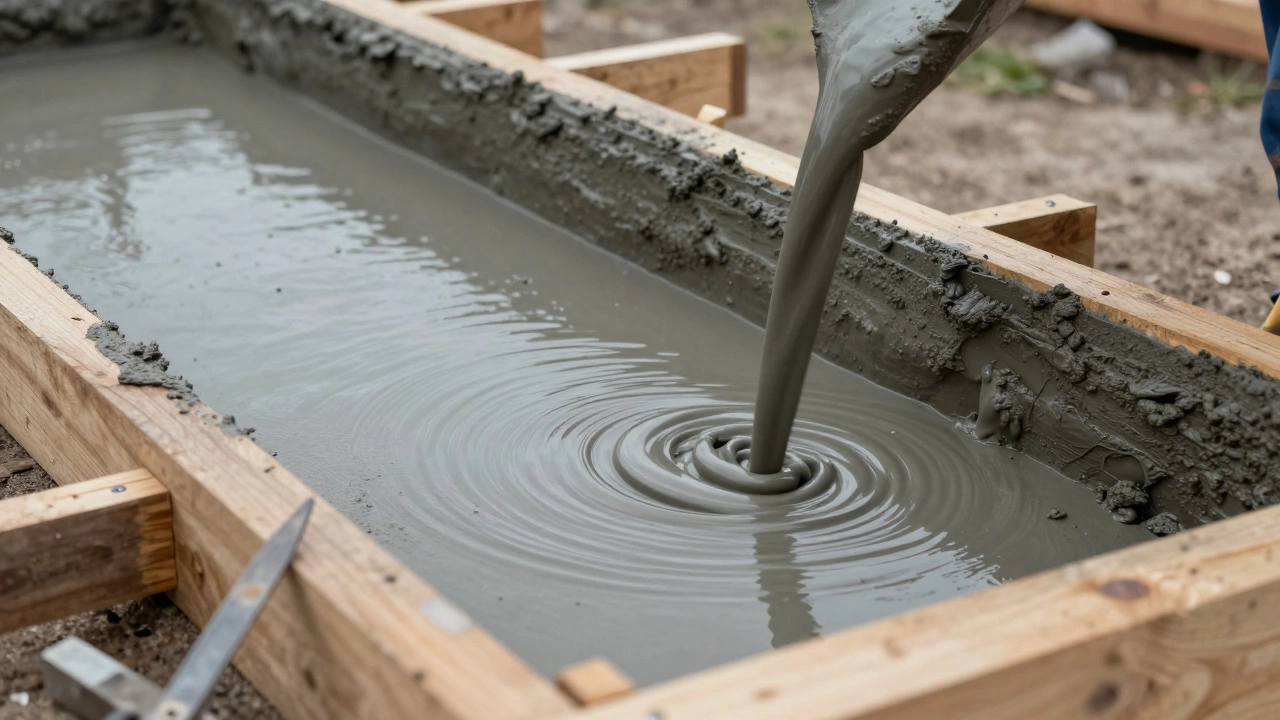 Заливка фундамента бетоном в деревянную опалубку на стройке.