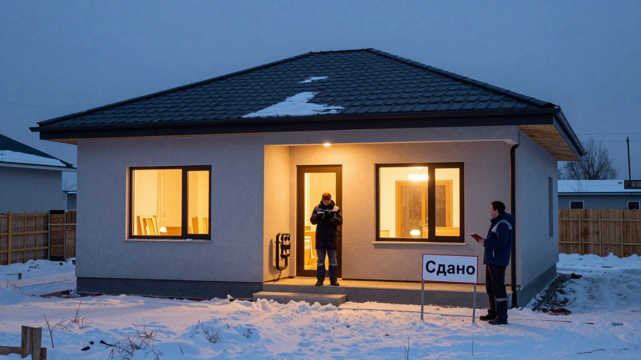 Завершённый дом в Казани зимой с инспектором на фоне снега